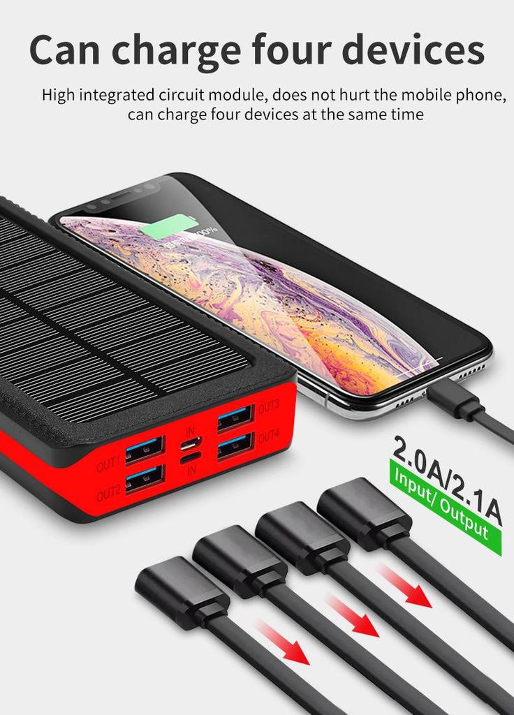 Внешний Power Bank на солнечной энергии 30000 мАч с фонарем для кемпинга, 4 USB, двойной вход.