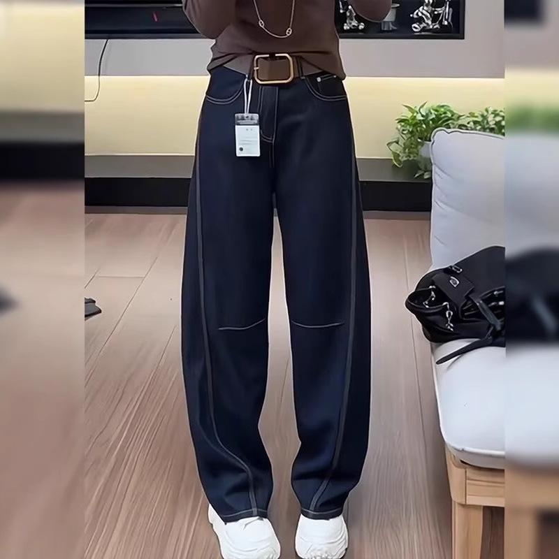 Женские джинсы широкие брюки в стиле ретро, европейский стиль - большой размер, тип фигуры "груша", стройнящие, универсальные для осени и зимы