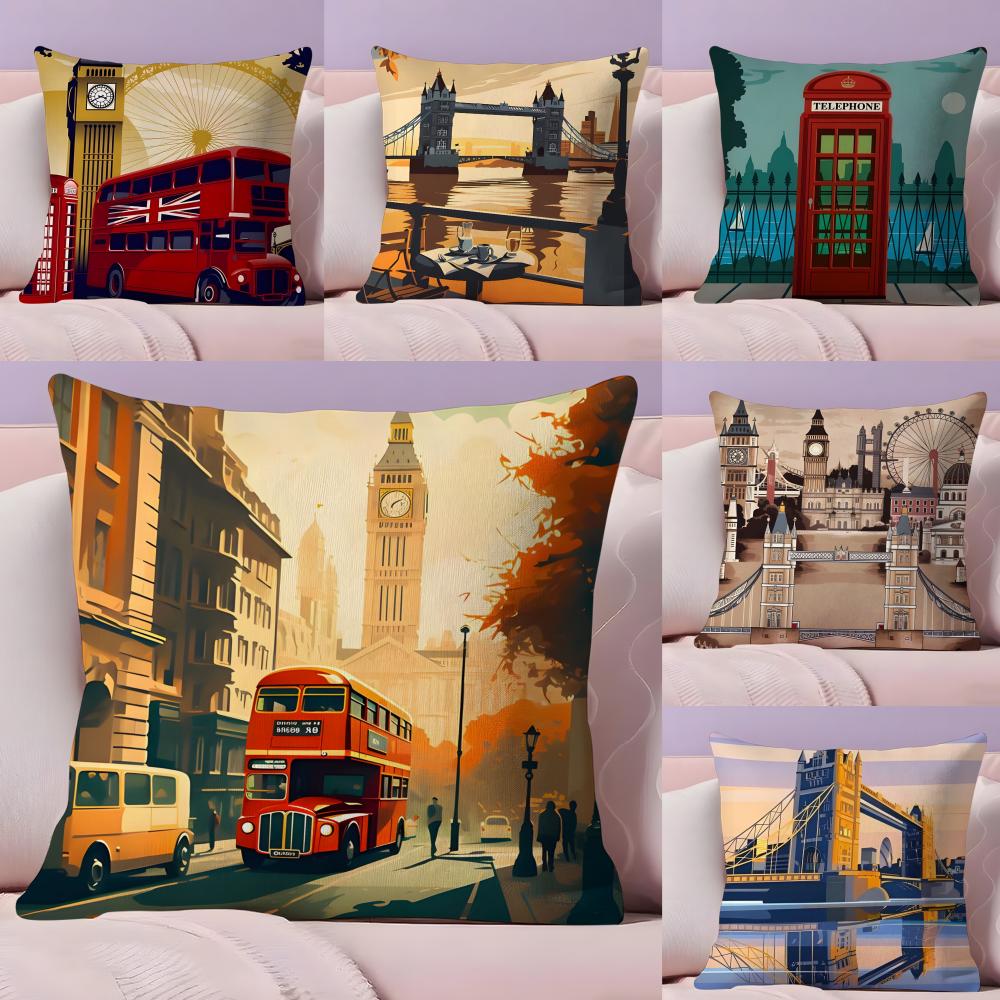 UK Scenery Retro Cushion Cover Plush Fabric Soft DoubleSided Printed Sofa Warm Winter Home Gift Pillow Cover