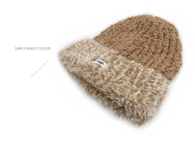 Cat Brother Korean Style Knit Hat: Color Block Plush, Warm Wool, Women's Large Head Circumference