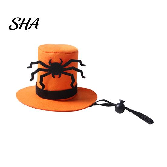 Teddy Dog Hat Halloween Cat Top Hat, Orange with Adjustable Strap, Slip-resistant Black Spider for Small Dogs Festive Party Costume