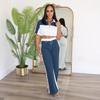 Women's Denim Splicing Color Stand Up Collar Zipper Two-piece Set