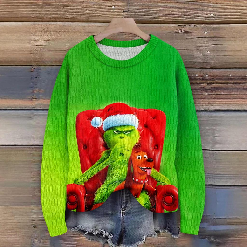 Пуловеры с длинным рукавом для женщин, с круглым вырезом, повседневные, милые, с принтом, вязаные, оверсайз