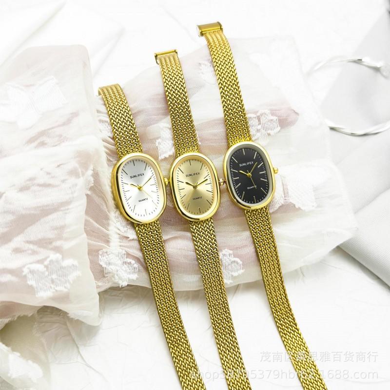 Sunlifex Small Oval Gold Wheat Band Minimalist Quartz Watch Women