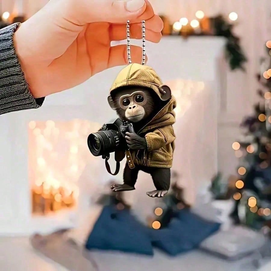 Christmas Vehicle Ornament - 1 Contemporary Camera Monkey Hanging Charm - 2D Flat Adornment for Auto & Home Seasonal Gathering