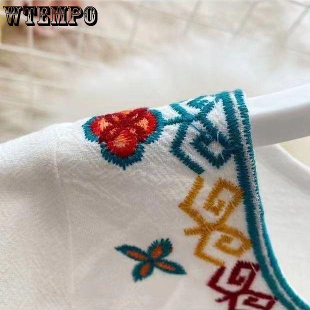 Women's Long Sleeve Round Neck Boho Dress Ethnic Long Embroidered Cotton Seaside Vacation Dresses