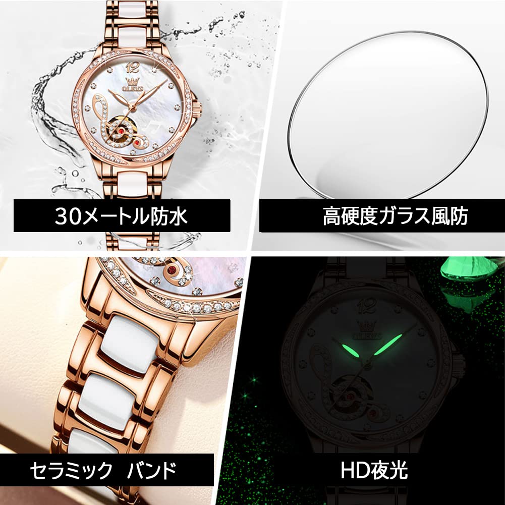 OLEVS механические наручные часы с автоматическим заводом керамические розовые золотые кристаллы водонепроницаемые нержавеющая сталь белые часы белые женские женские