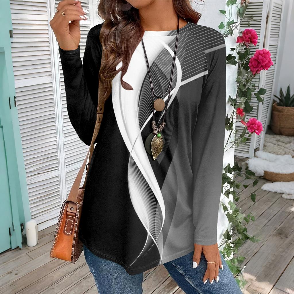 Женская повседневная футболка большого размера с длинными рукавами и круглым вырезом, винтажный этнический принт, топ-пуловер