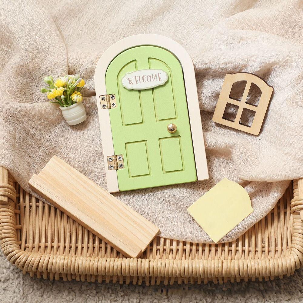 Simulation Balcony Wooden Fairy Elf Door Set Mini Craft Ornaments Fairy Door Fairytale-Style Room Wall Decor Dollhouse Elf Door