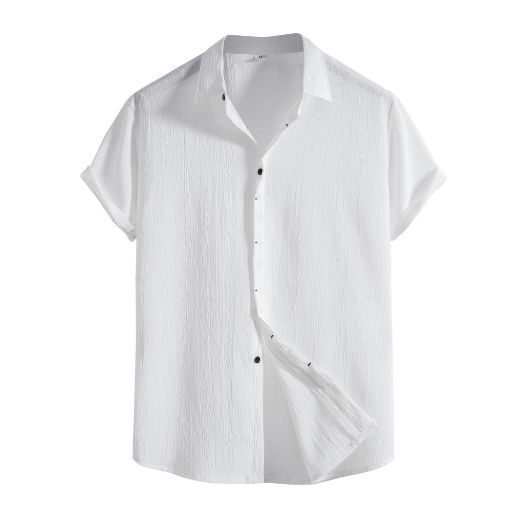 Мужская весенне-летняя повседневная однотонная рубашка с коротким рукавом, свободная рубашка с отложным воротником