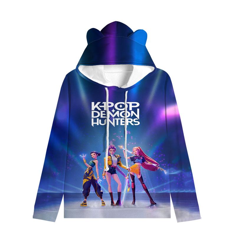 Huntrix Девушка Толстовка с капюшоном с кошачьими ушками Мультяшная K-pop Охотники на демонов На шнурке Толстый Пуловер Зои Руми Мира Средней длины Теплая Толстовка