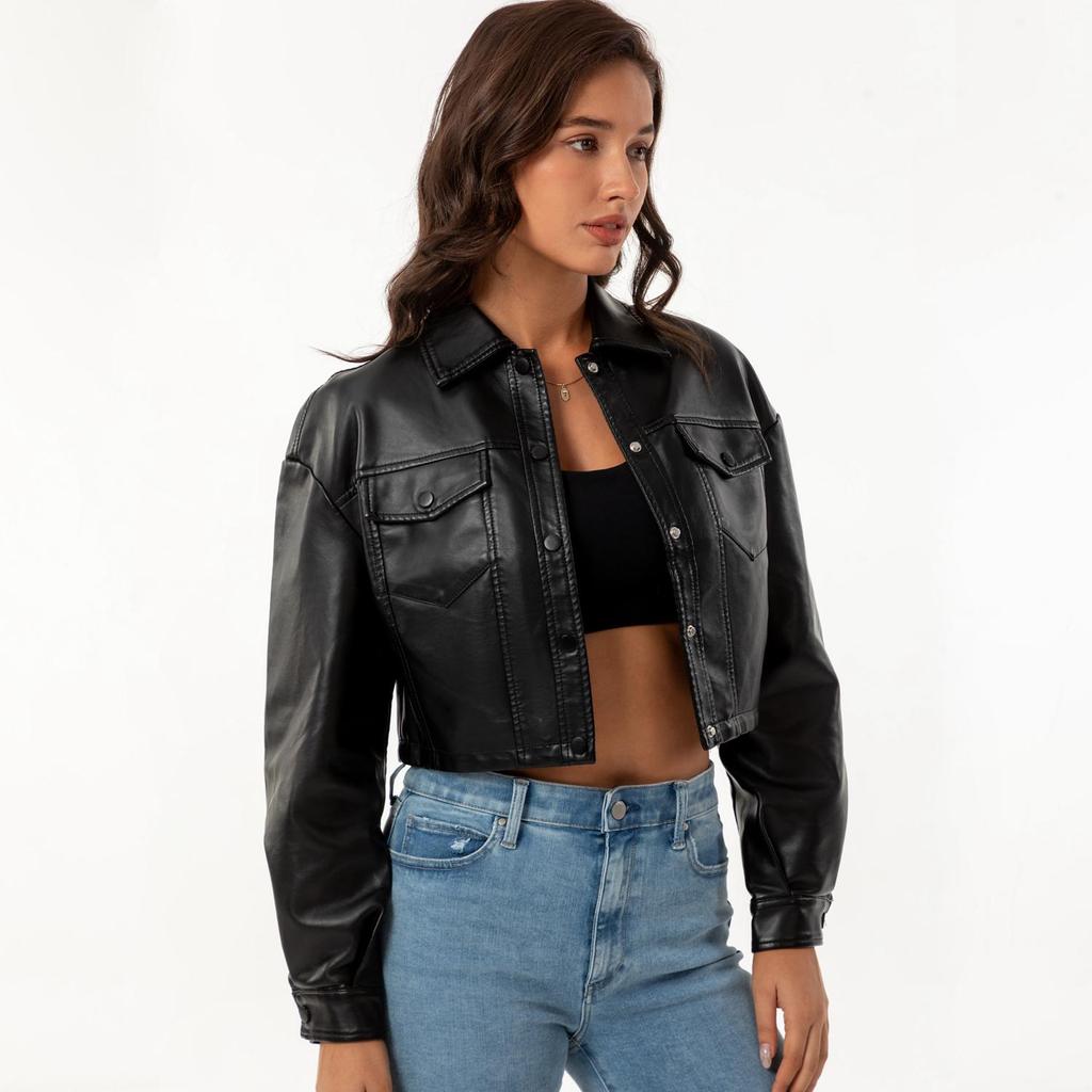 Women’s Jackets Faux Leather Long Sleeves Single Breasted Crop Top Punk Jacket Short Motorcycle Coat Fashion Out Wear