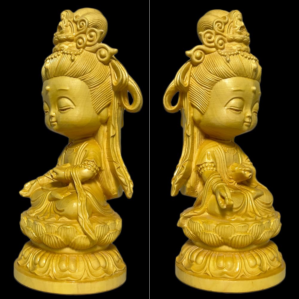 Umora Cute Kannon Statue, Wood Carving, Boxwood, Kannon Bodhisattva Figurine, Protection from Evil, Feng Shui, Entryway, Good Luck Charm, Buddhist