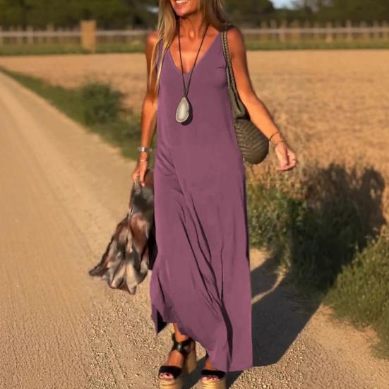 Женское летнее платье-комбинация без рукавов, повседневное платье макси с V-образным вырезом и разрезом, свободный пляжный сарафан, наряд для путешествий и отпуска