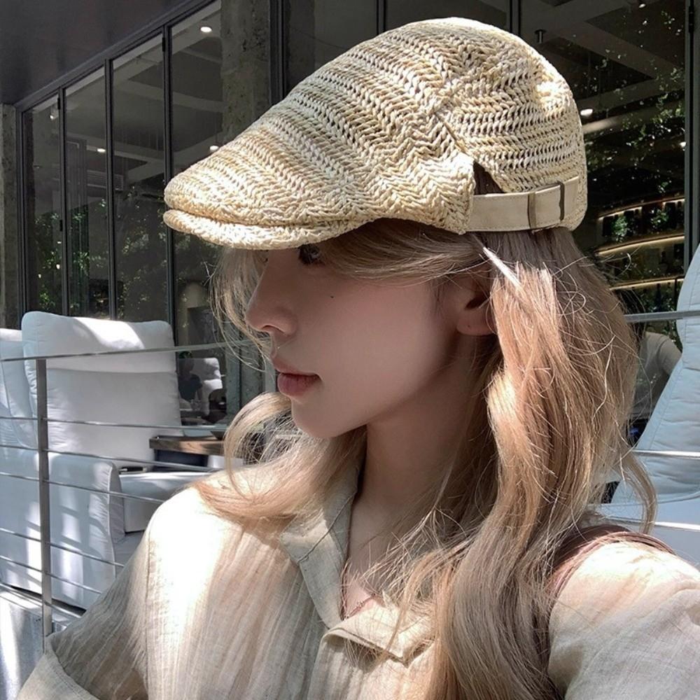 Flat Straw Beret Vacation Painter Beret Breathable Straw Newsboy Cap Unisex