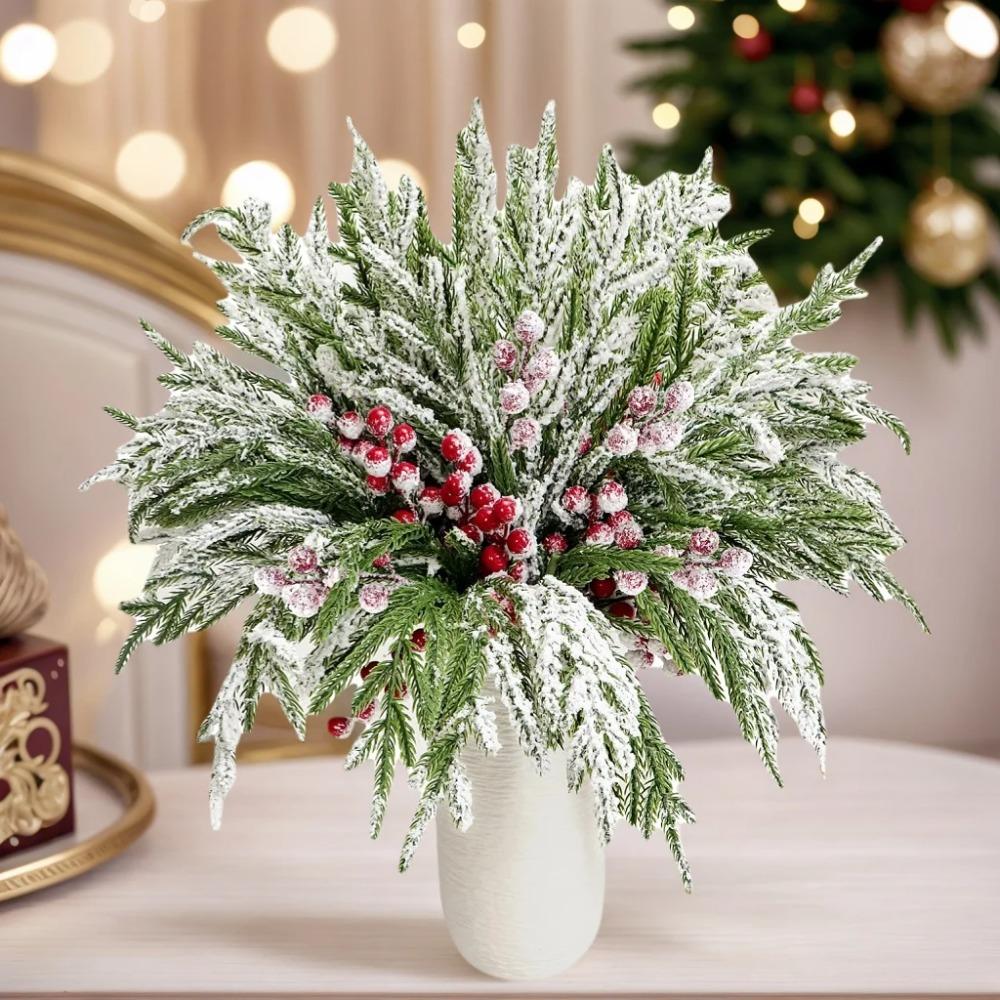 Artificial Norfolk Pine Branch Holiday Vase with 20 Pine Branches and 10 Red Berry Stems DIY Wreath Christmas Decoration