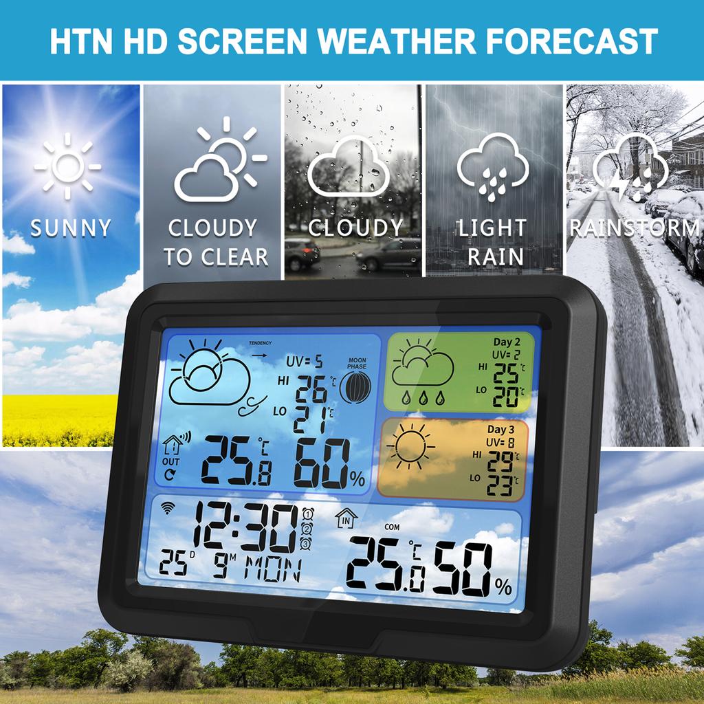 Wi-Fi метеостанция 5,3 дюйма, комнатный/уличный термометр, датчик, управление через приложение, поддержка 3-дневного прогноза погоды / даты / давления / УФ