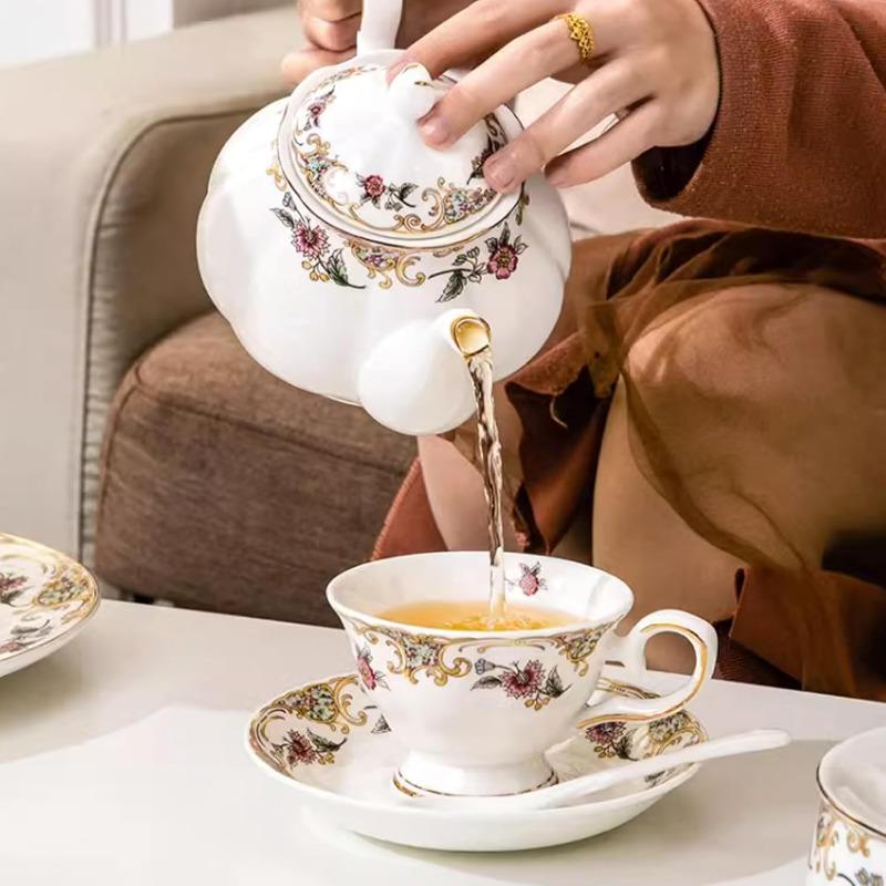 Bone China Tea Cup and Saucer Sets,Porcelain Tea Set with Teapot, Sugar Bowl,Creamer Pitcher,Floral Vintage Tea Cups and Saucers for Party Gift Giving