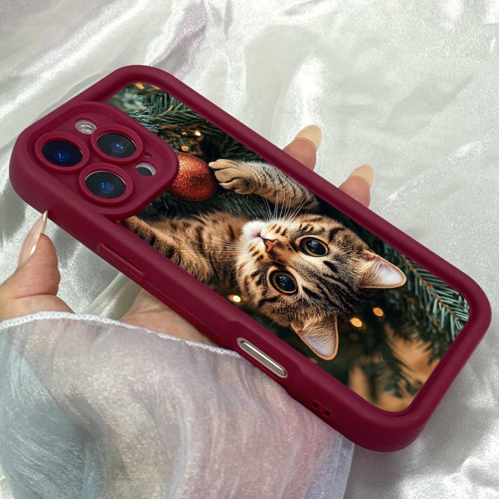 JT397 Спокойный Снежный Рождественский Кот для iPhone 17 16 15 14 13 12 Pro Max Samsung S26 S25 Ultra A17 A07 A56 A16 Xiaomi 15T 13T Redmi 15c 14C Мягкий Чехол