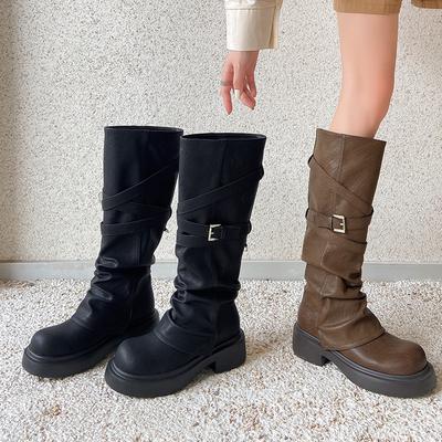 Сапоги Коричневые Сапоги Maillard Женские Сапоги на Платформе Высокие Сапоги-Брюки Осень и Зима Ковбойские Сапоги в Западном Стиле Винтажные