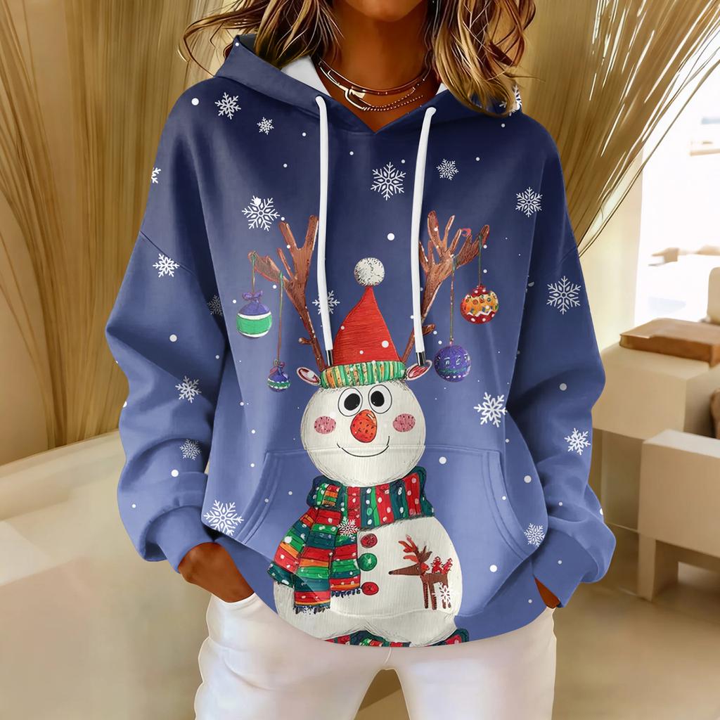 Женская свободная удобная повседневная модная толстовка с V-образным вырезом и рождественским принтом с длинным рукавом
