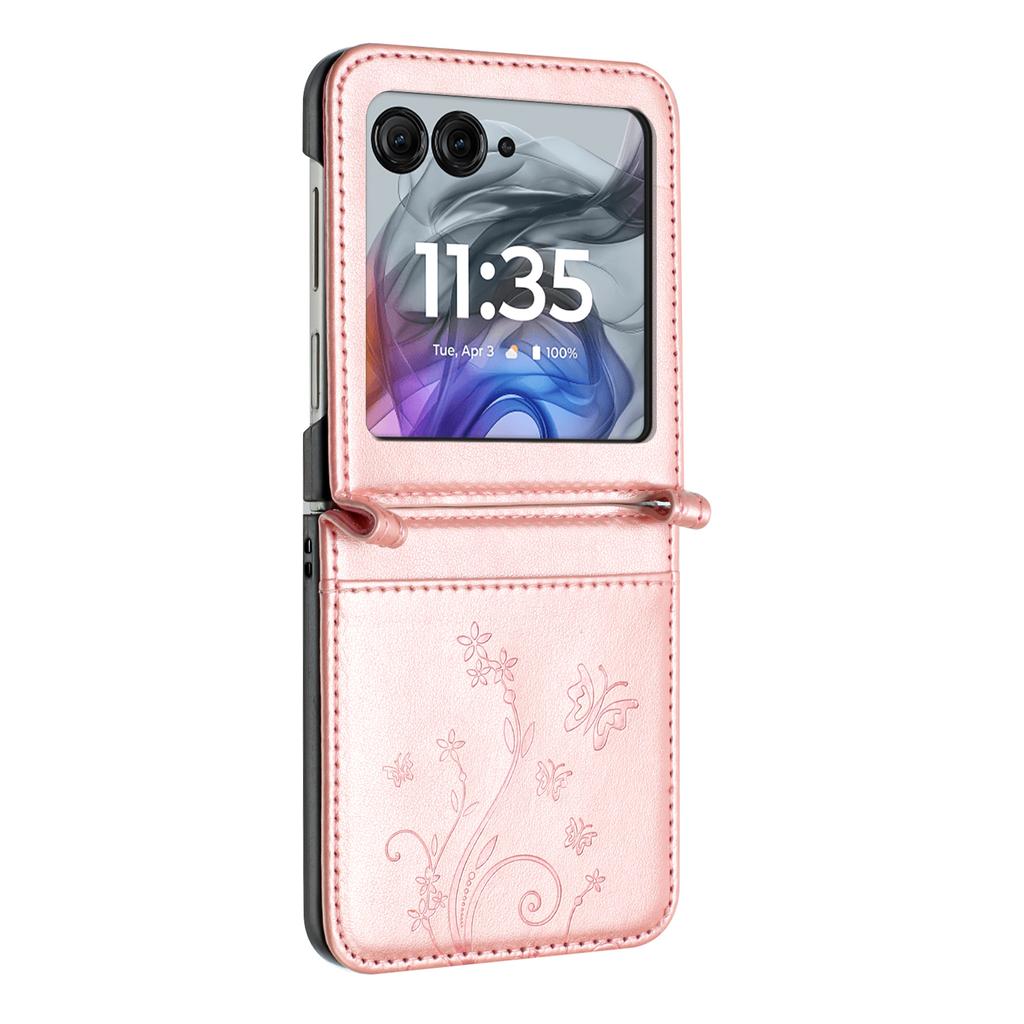 Кожаный чехол для Motorola Razr 60/50 5G с тиснением в виде бабочки и цветка, чехол для телефона с ремешком