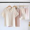 New Japanese Women's Summer Pajamas Set 100% Cotton Crepe Short Sleeve Shorts Two Piece Lace Neck Home Suit Set