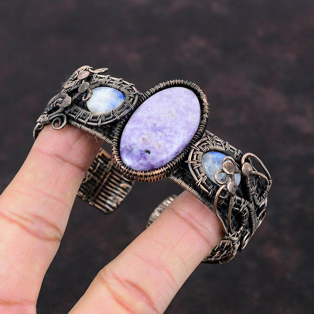 Лепидолитовый браслет с медной проволокой, регулируемый браслет-манжета с лунным камнем, браслет из драгоценных камней, старинные медные украшения, браслет ручной работы, подарок для мамы