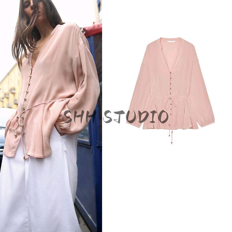 Women's Spring Clothing Gold Decorated Row Button V Neck Long Sleeves A- Line Hem Thin Belt Linen Shirt 2591811