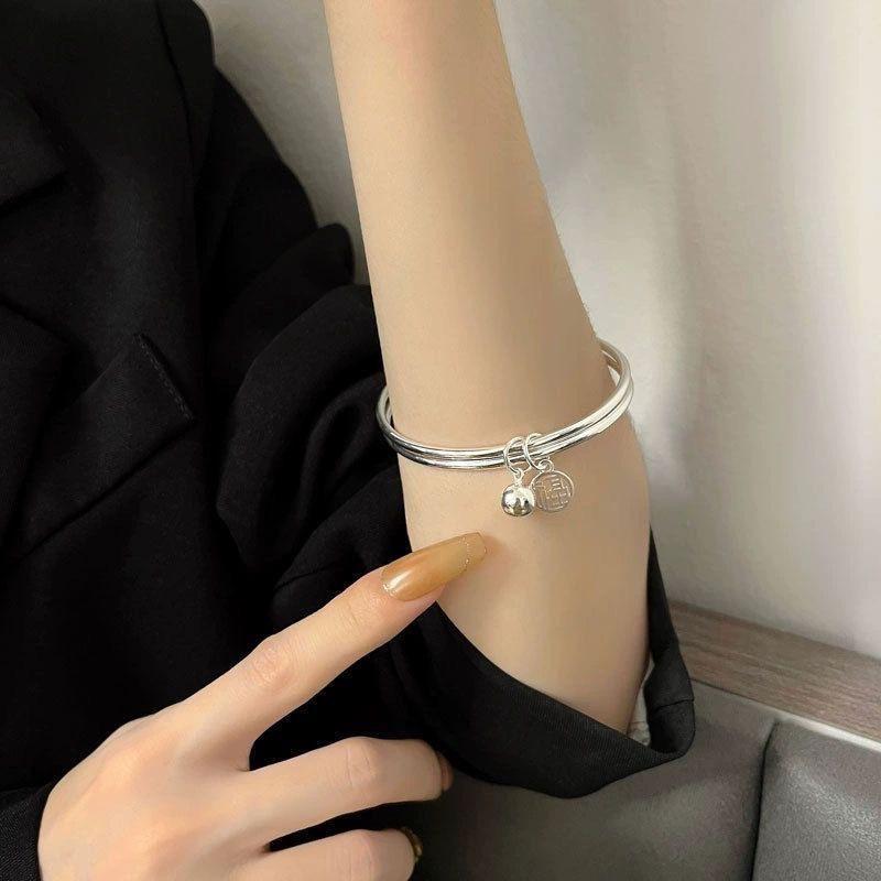 Silver Double Ring Blessing Bracelet: Sleek Ins Style, Niche Design, High-End Women's Accessory