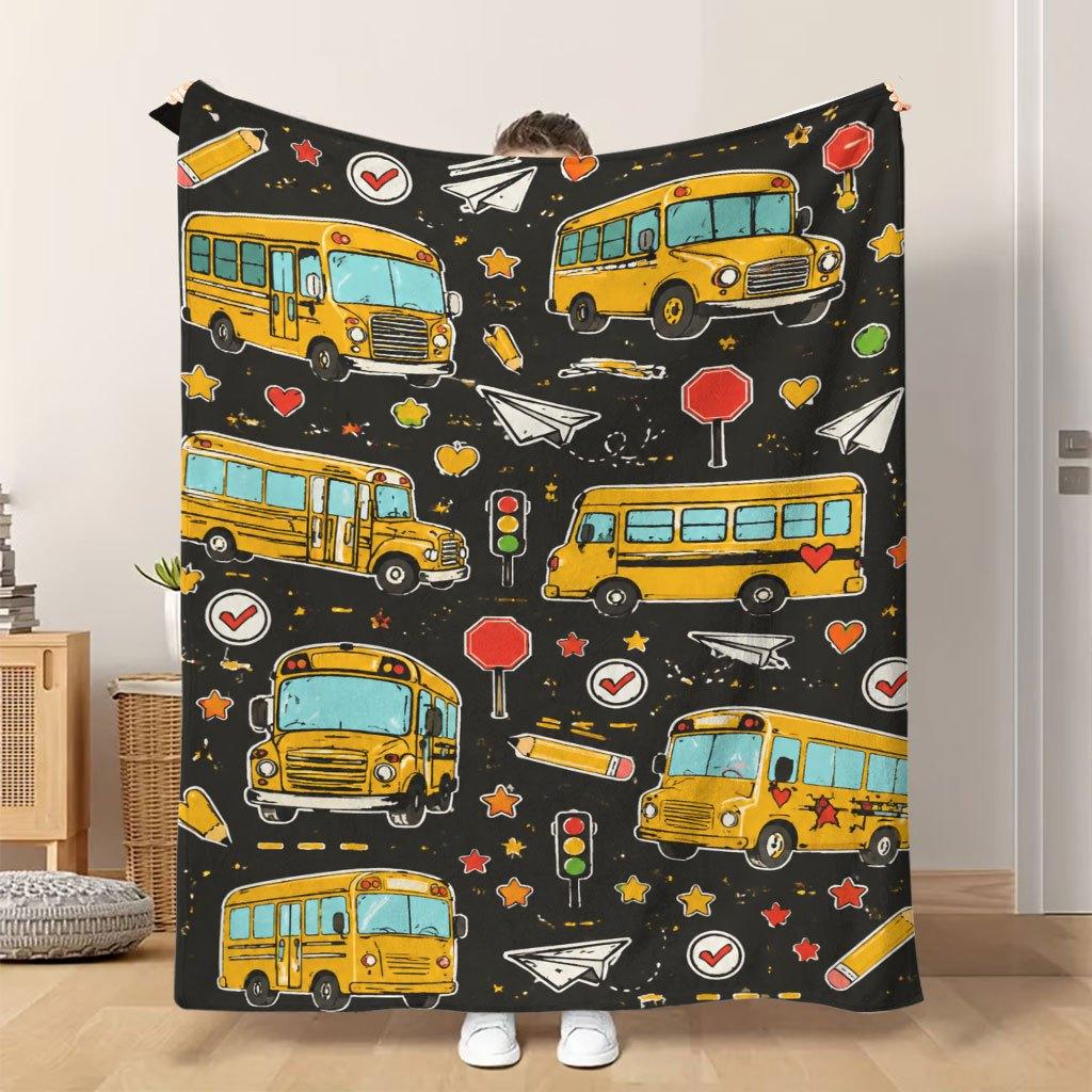 1pc Flannel Blanket Pattern with Yellow Buses Soft Comfortable And Warm This Nap Blanket/Sofa Blanket Is Suitable for All Seasons