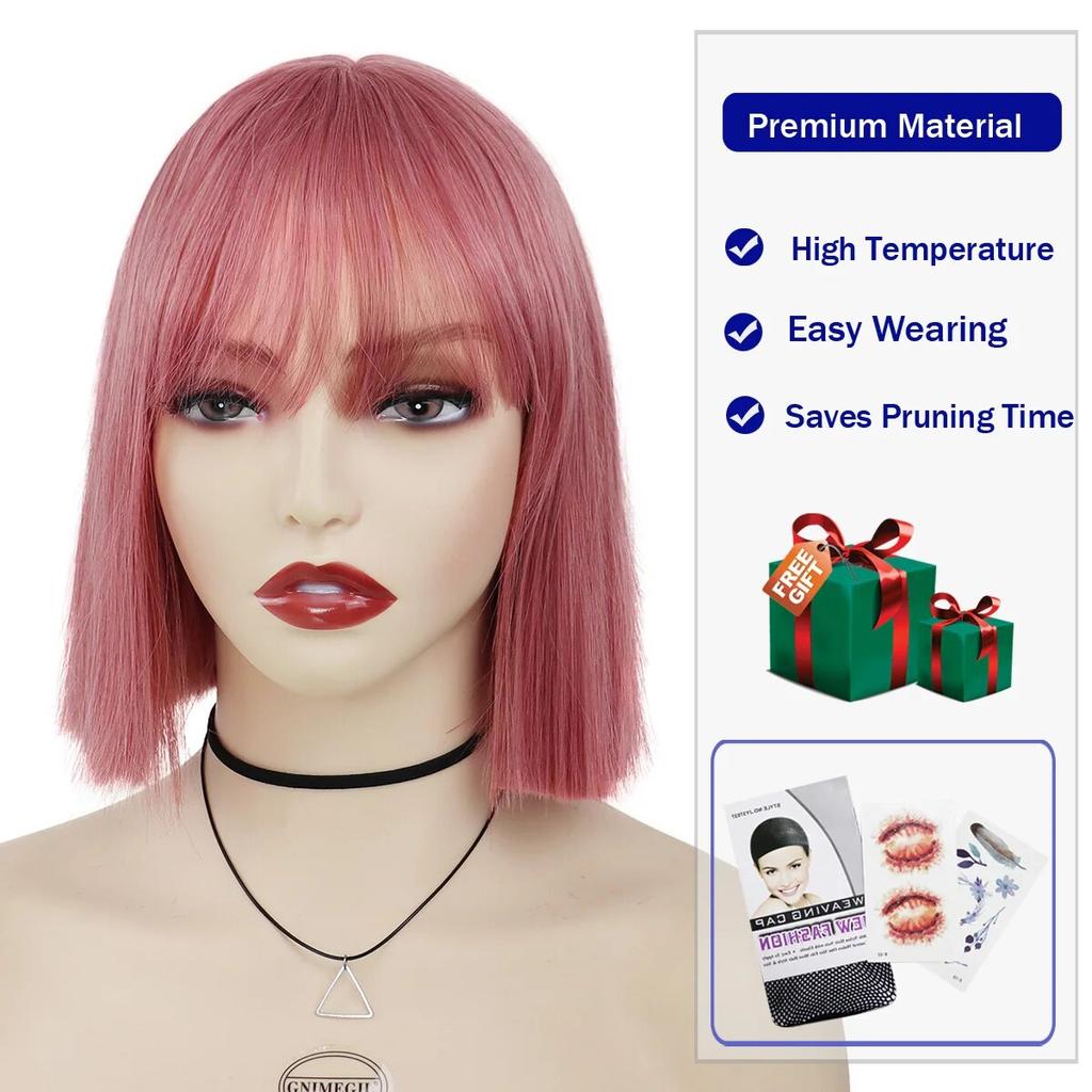 Короткий парик Боб Синтетические шелковистые прямые волосы с челкой для белых женщин Косплей Лолита Натуральный красивый розовый парик