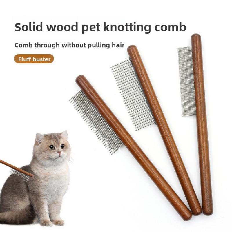 Pet Row Comb, Solid Wood Handle, Single Row Flea Comb, Dog and Cat Grooming Comb, Cat Lice Removal Long Needle Comb