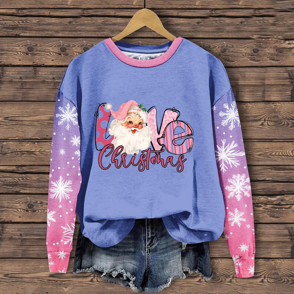Женская мода повседневная толстовка с длинным рукавом и принтом Санта-Клауса с круглым вырезом