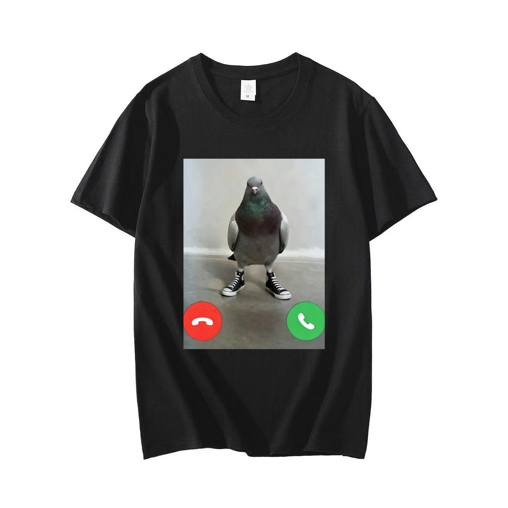 Funny pigeon meme for 2026, bell graphic, black printed t-shirt, for adults and kids, cotton, short sleeve, casual t-shirt.