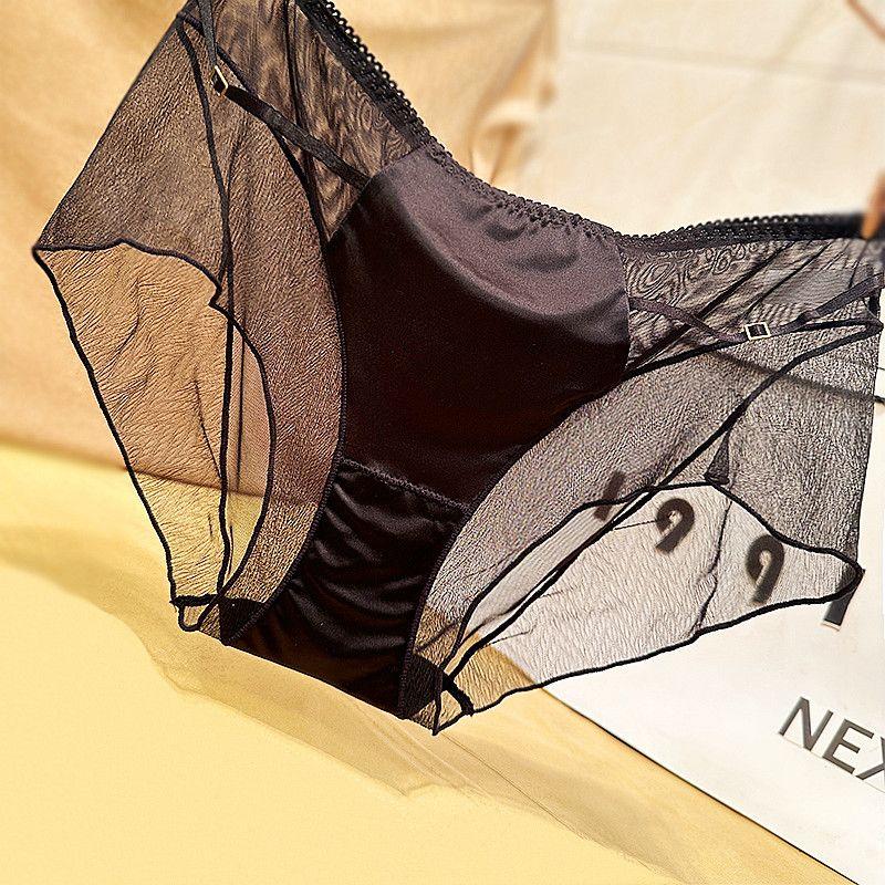 French Light Luxury Fashion Lace Mesh Women's Underwear Comfortable Elastic Breathable Ice Silk Satin Hip-Wrapping Seamless Briefs