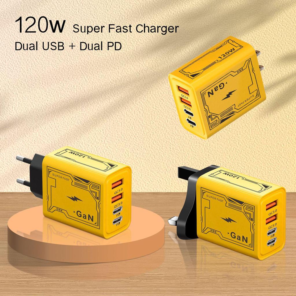 Зарядное устройство 2C2A 120 Вт PD: 4-портовый адаптер с двумя USB и Type-C для европейских и американских телефонов