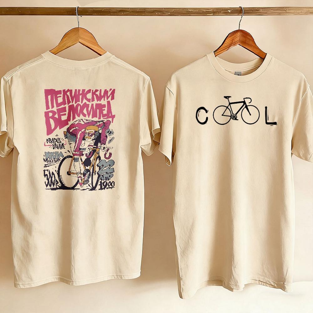 Unisex Women Two Side Printed Tee Cool Bike Graphic Front Retro Graffiti Cyclist Russian Text Back Vintage Outdoor Cycling T Shirt