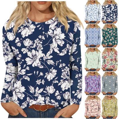 Женский модный повседневный пуловер с круглым вырезом и длинным рукавом с цветочным принтом