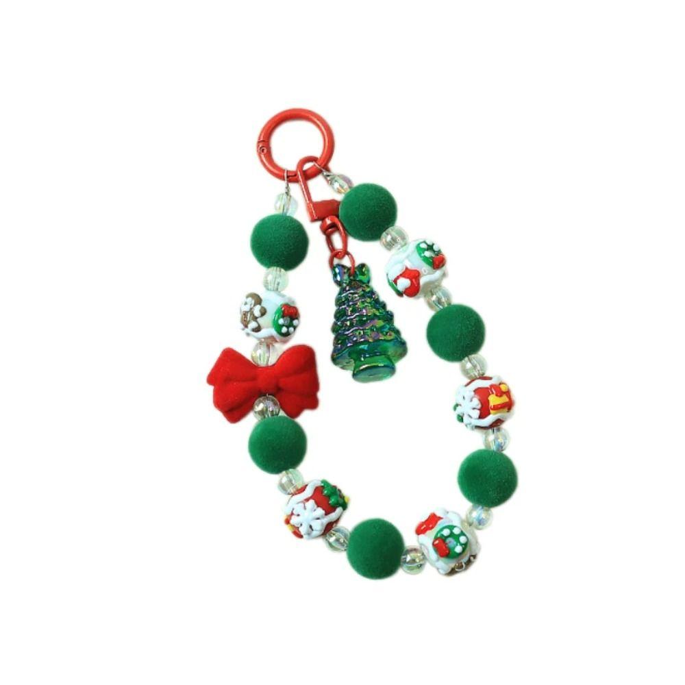 Santa Claus Plush Beads Keychain Flocked Bowknot Beaded Cell Phone Lanyard  Unisex