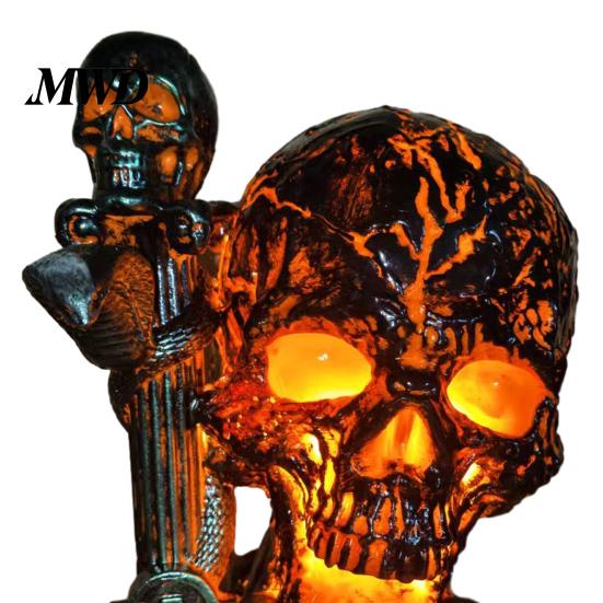 Halloween Table Lamp Skull Lamp, Glowing Skeleton Resin Figurine, Gothic Ambient Figurine Night Light for Mantel Shelf Party Home Decor Handcrafted
