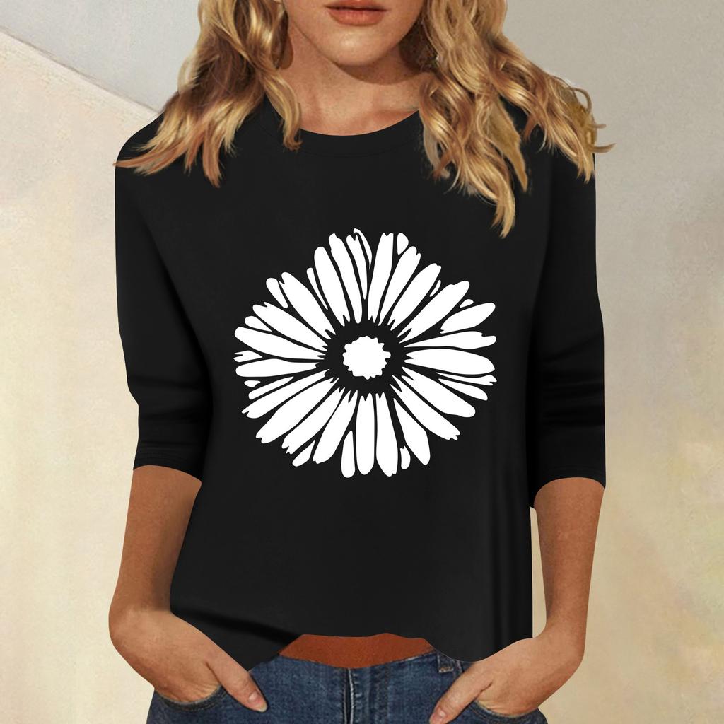 Женская мода повседневный принтованный топ с семью рукавами и круглым вырезом