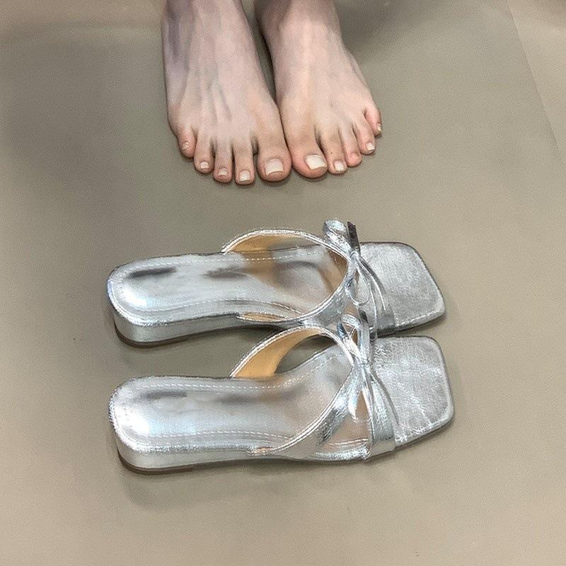 Слипперы с квадратным носком в стиле феи, с перекрещенными ремешками и бантом, женские, лето 2025, прохладные шлепанцы для ношения с юбкой
