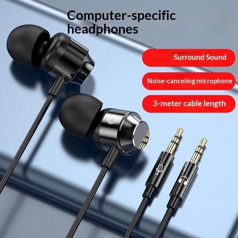 Dual 3 5Mm Plug Wired In Ear Pc Headphones Surround Sound Noise Cancelling Mic Long Cord For Gaming Work Home Use