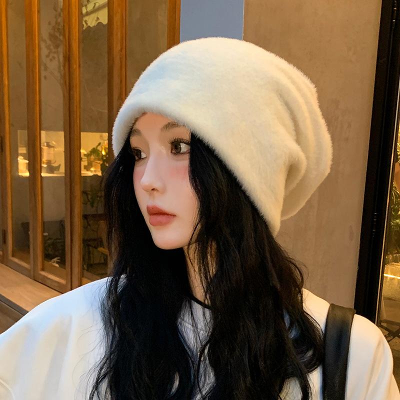 Autumn Winter Soft Imitation Mink Wool Pullover Hat Warm Velvet Japanese Fur Cap Women Stacked Hats