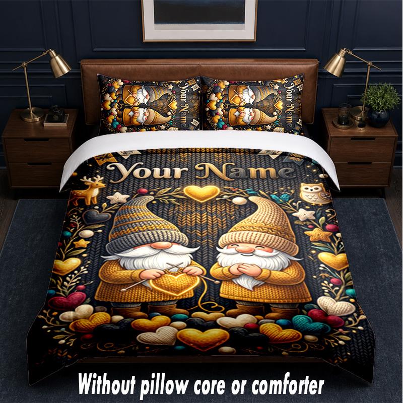Gnome Theme Custom Text Or Name 3Pcs Bedding Set,1 Flat Sheet & 2 Pillowcases Personalized Home Bedding