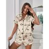 Heart & Eyelash Print Satin Pajama Set Casual Short Sleeve Button Up Lapel Collar Top & Elastic Shorts Women's Sleepwear & Loung