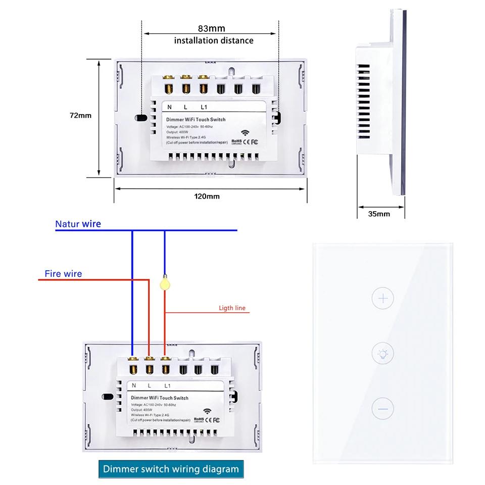 Tuya WiFi Smart Touch Light Dimmer Switch US Standard Smart Life Voice Control AC110-240V Работает с Alexa Google Home