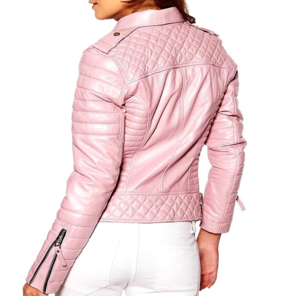 NOORA Женская кожаная куртка розового цвета | Стильная байкерская куртка из натуральной кожи | Зимняя кожаная куртка ручной работы | Куртка знаменитостей, специальный выпуск Fr Her