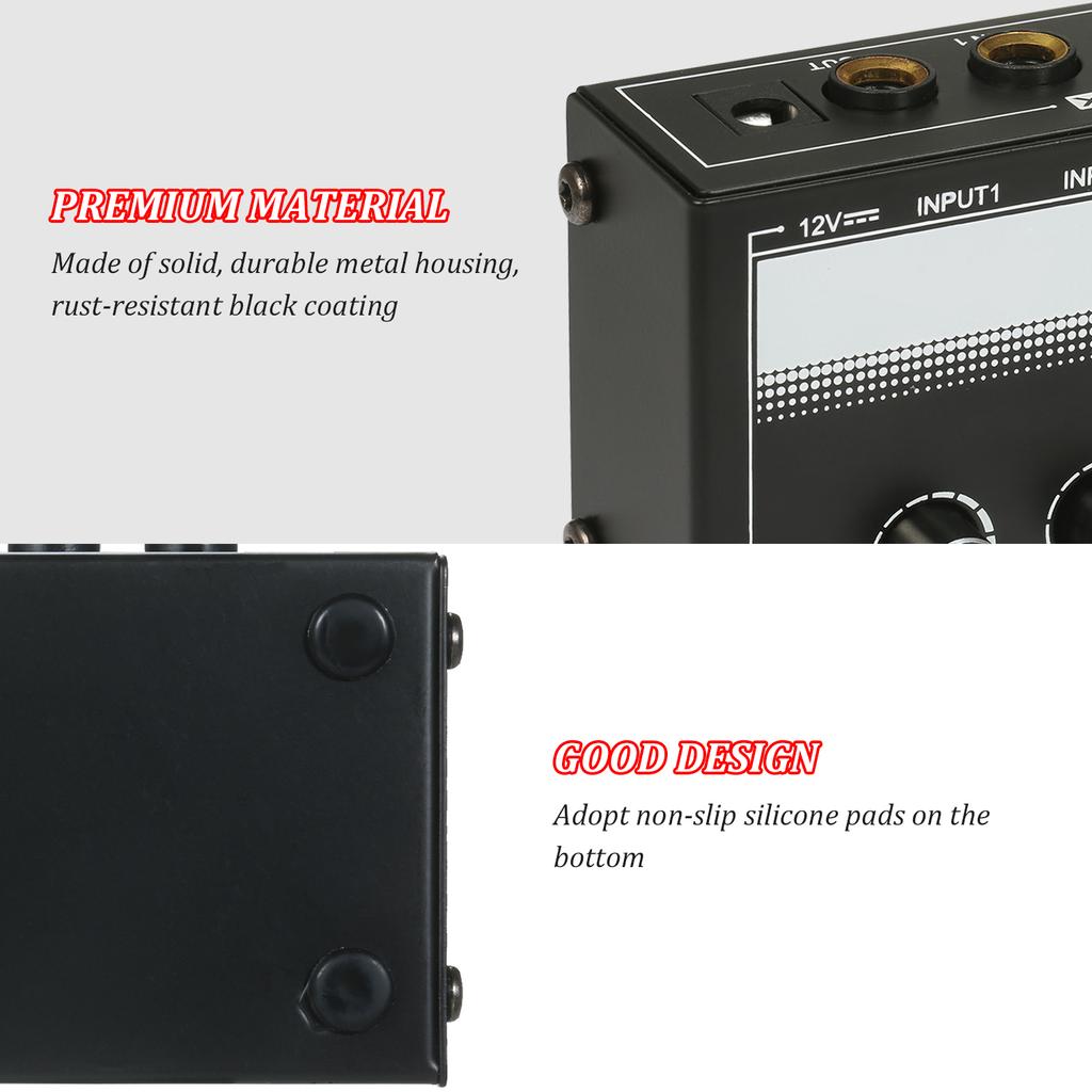 MH400 Ультрамалошумящий 4-канальный линейный микшер Мини-аудиомикшер с 1/4-дюймовыми входами TS и выходной громкостью